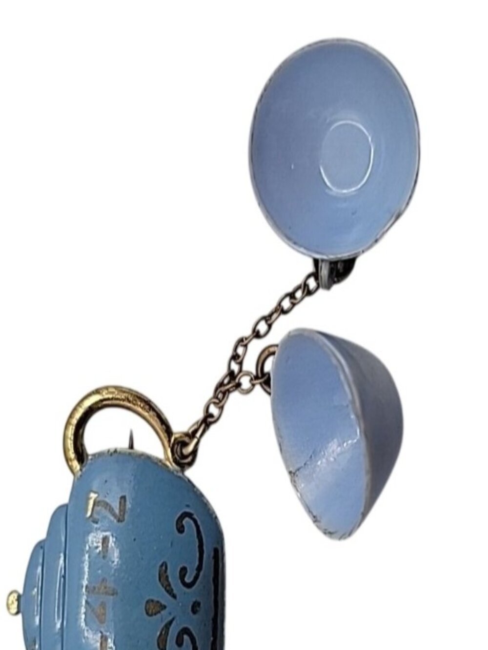 Antique T-4-2 Celluloid Brooch Teapot w/Dangling Teacups Blue Gold Tone C-Clasp